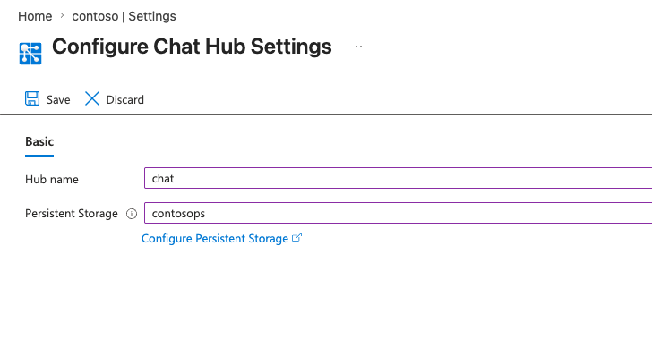 Screenshot of configuring a Chat hub with a name and persistent storage in the portal.