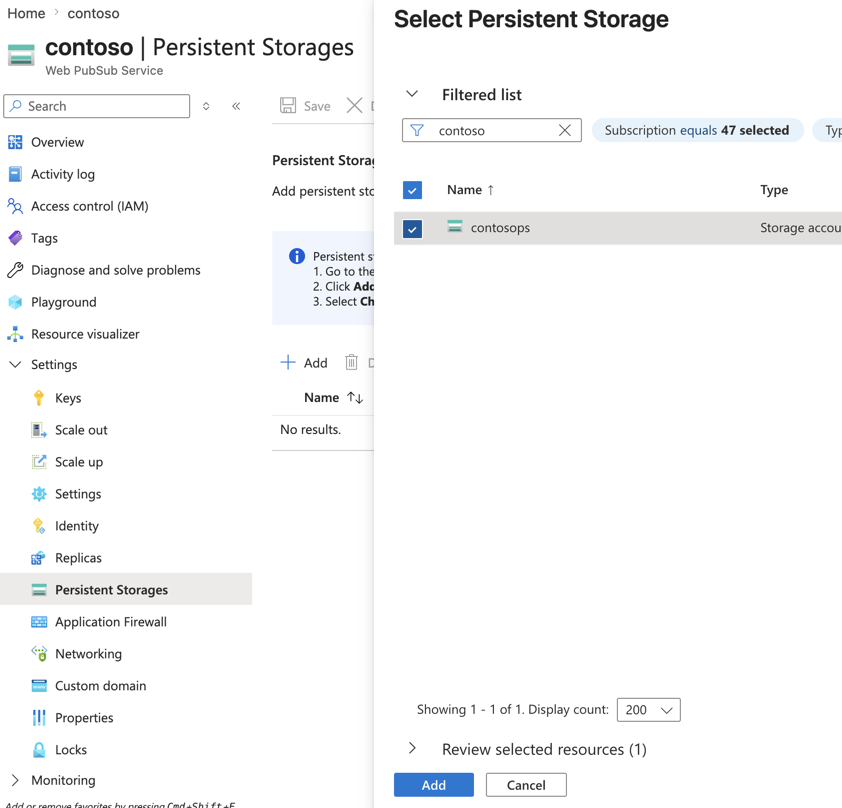 Screenshot of adding a persistent storage account to an Azure Web PubSub resource in the portal.