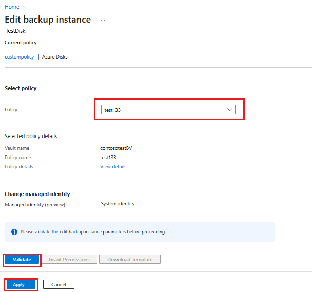 Screenshot shows the option to change the backup policy.