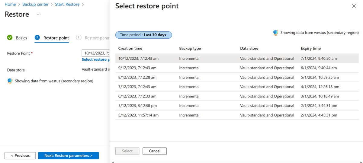 Screenshot shows selection of a restore point.