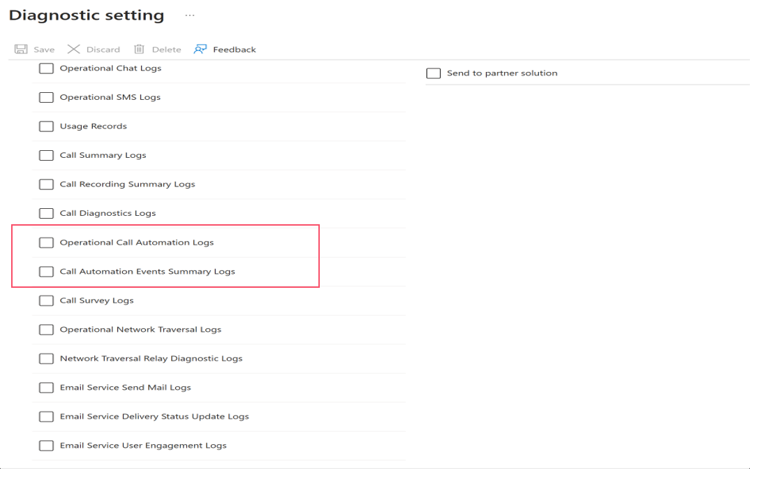 Screenshot of diagnostic settings for Call Automation.