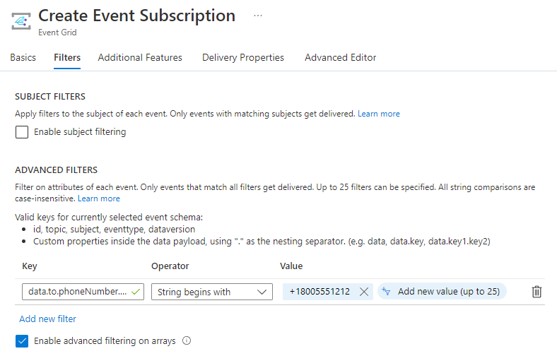 Image showing Event Grid advanced filter.