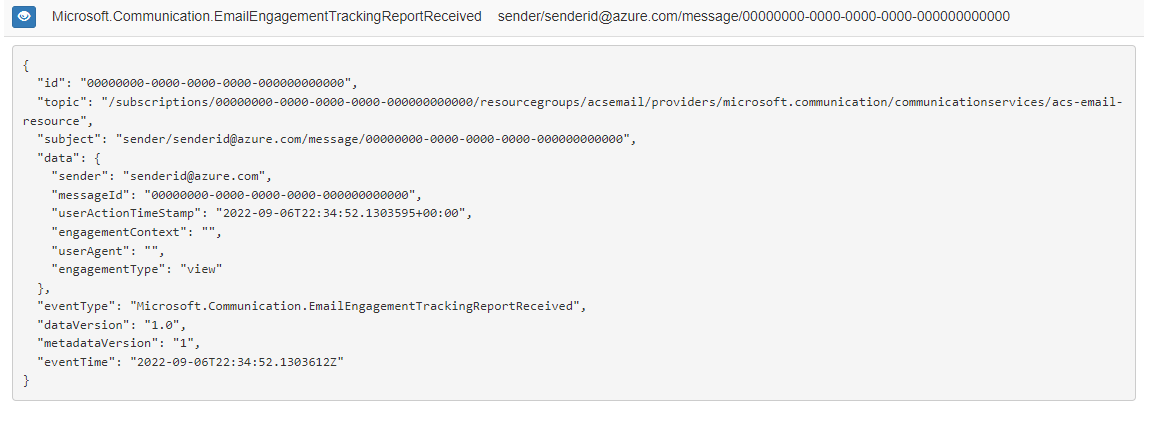 Screenshot of the Azure Event Grid viewer that shows the Event Grid schema for an EMAIL engagement tracking report event.