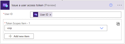 Screenshot that shows the Azure Communication Services Identity connector Issue access token action, specifying the token scope.