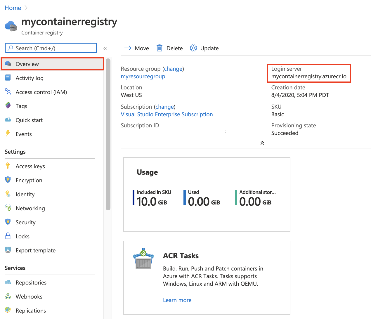 Container registry Overview in the portal