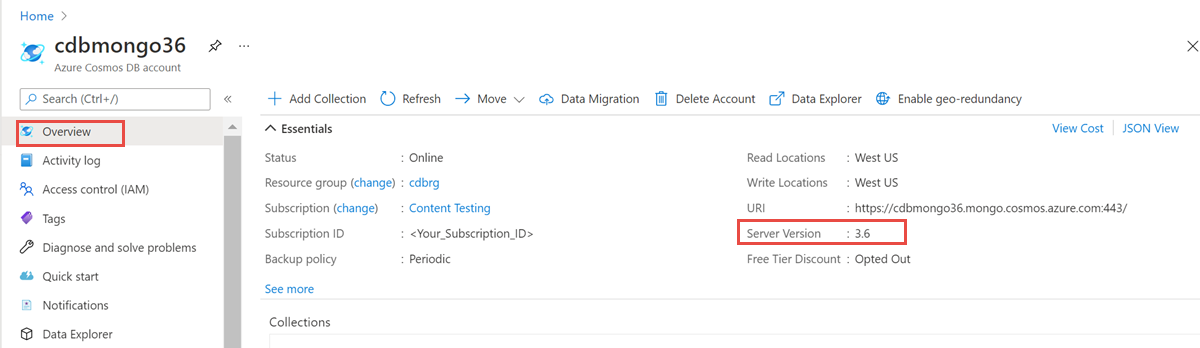 Screenshot of how to check the current version of your MongoDB account from the Azure portal.