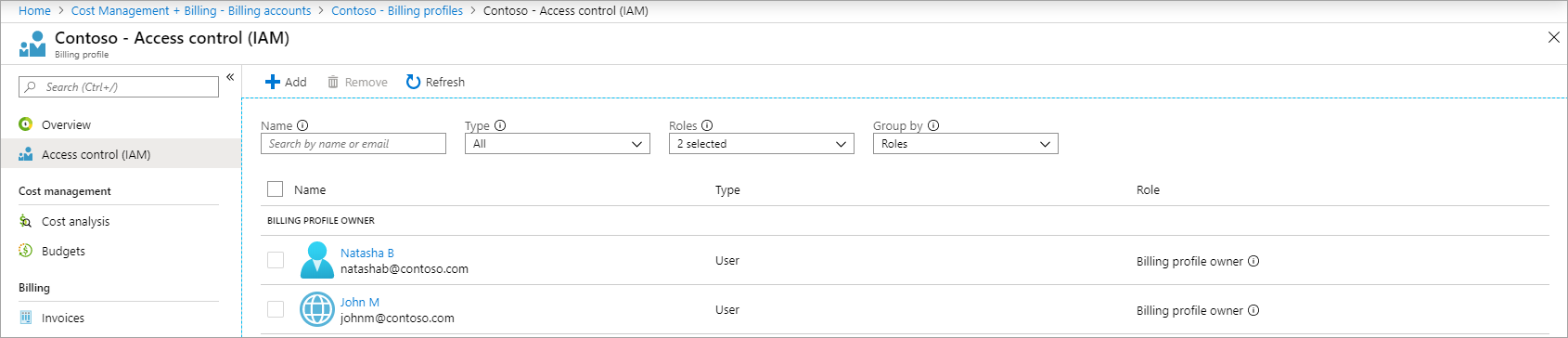 Screenshot that shows the access of enterprise administrators listed as billing profile owners post transition.