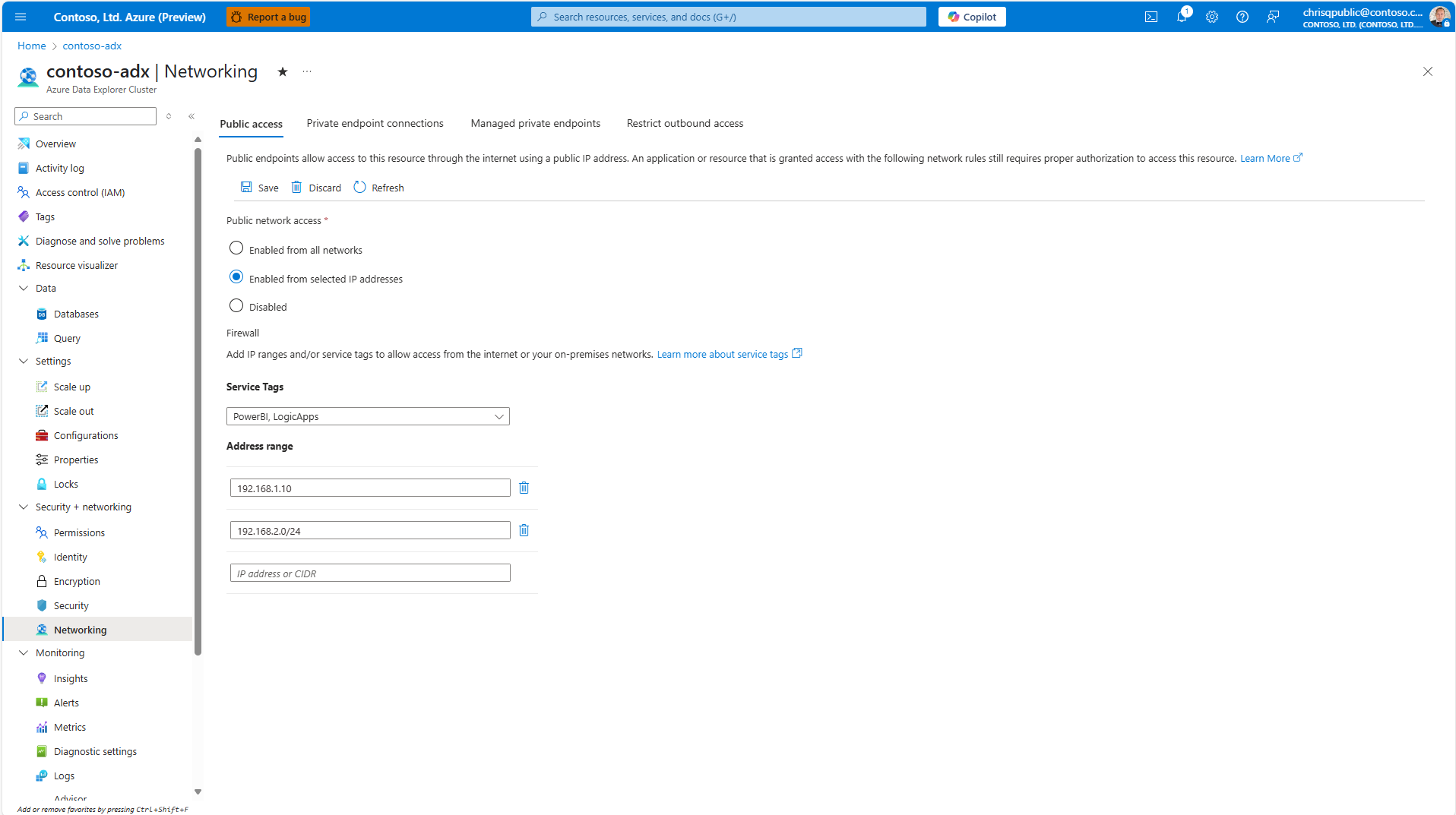 Screenshot of the network configuration page, showing the selected IP addresses specified for Enabled from selected IP addresses. They're specified as individual IP address and in CIDR notation. Additionally the selected Service tags are shown.