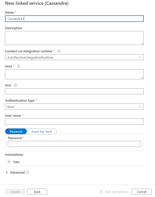 Screenshot of linked service configuration for Cassandra.