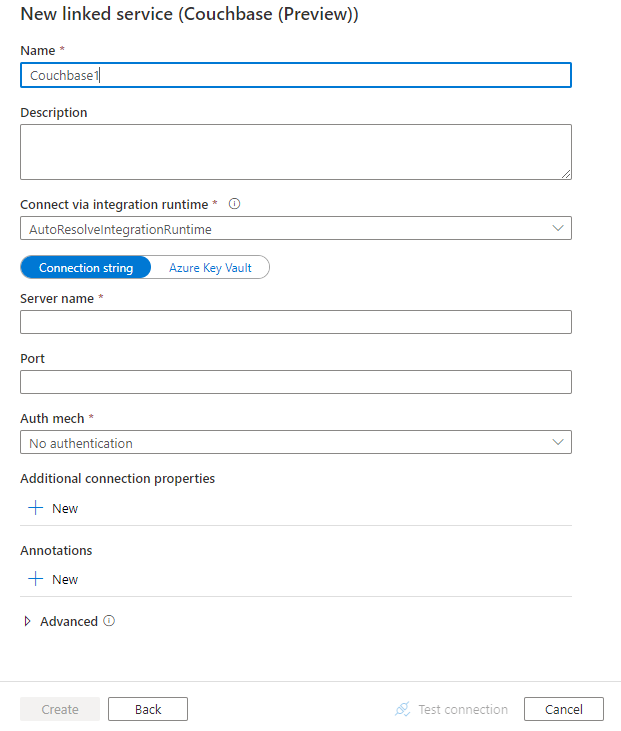 Screenshot of linked service configuration for Couchbase.