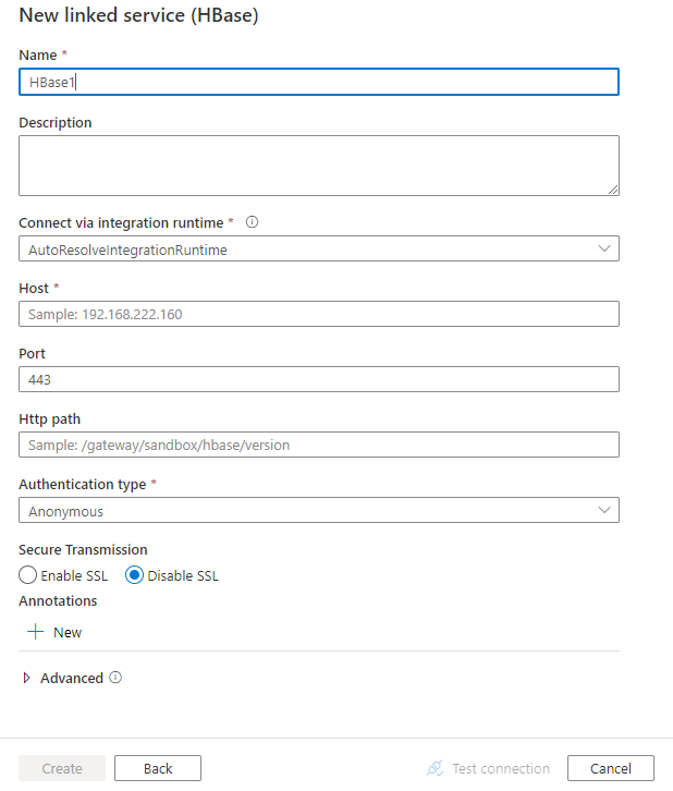 Screenshot of linked service configuration for Hbase.