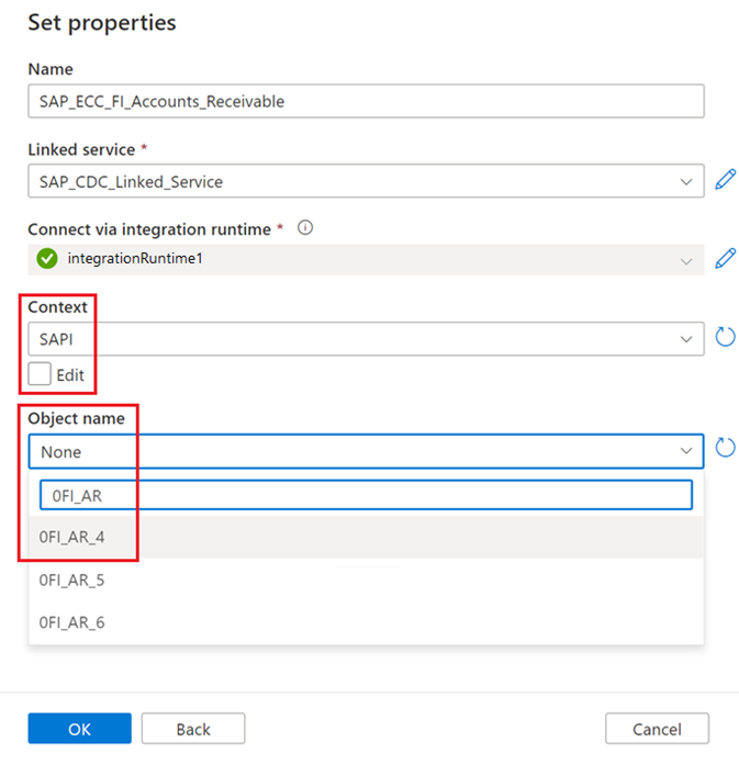 Screenshot of the SAP CDC dataset configuration page.