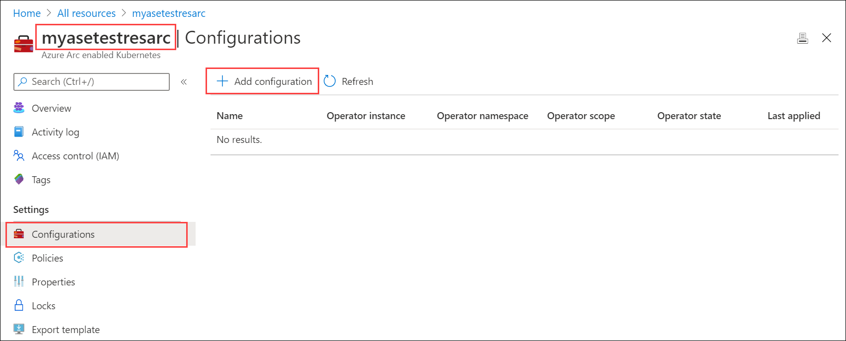 Screenshot shows the Azure Arc-enabled Kubernetes cluster with Add configuration selected.