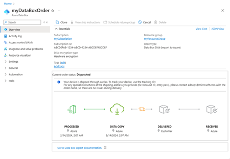 Screenshot of a Data Box order that's been dispatched.