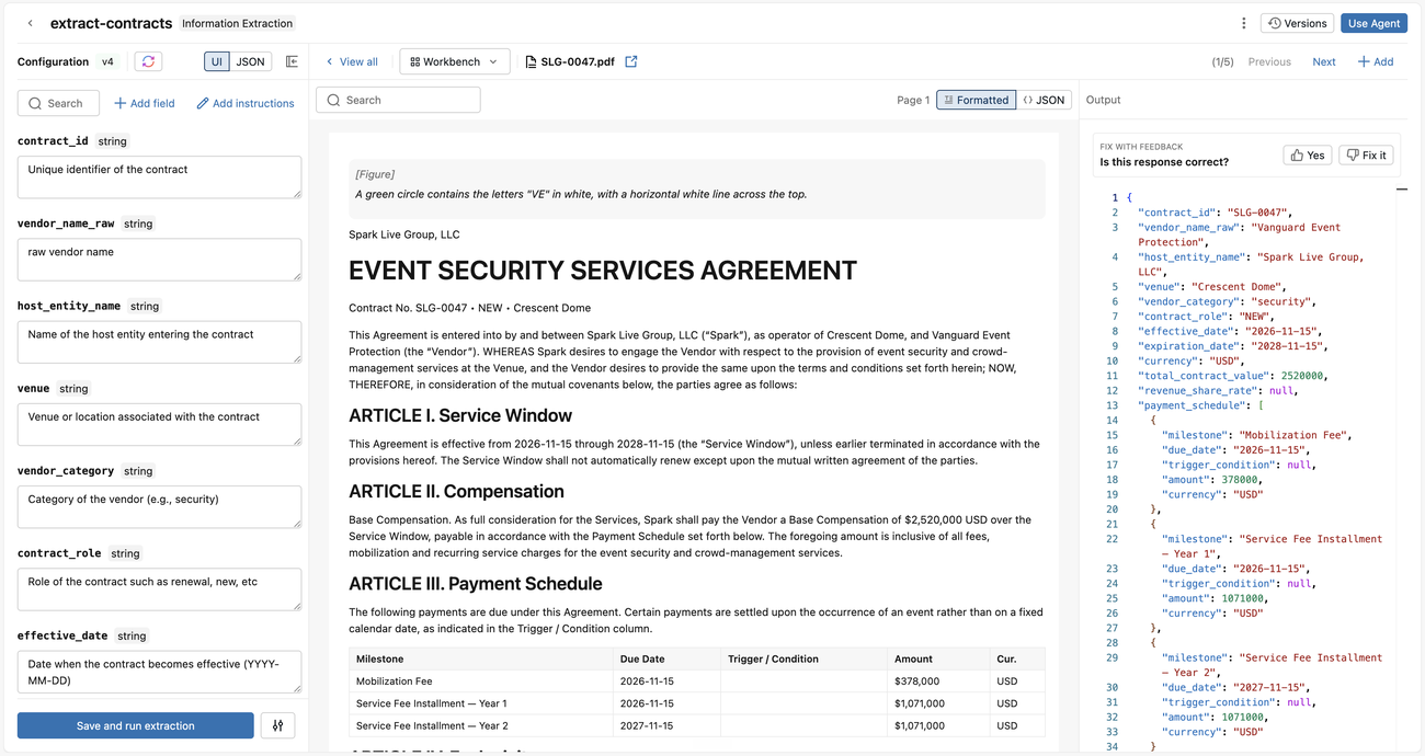 The AI Extract build view with the extraction schema configuration panel, the parsed document, and the extracted JSON output.