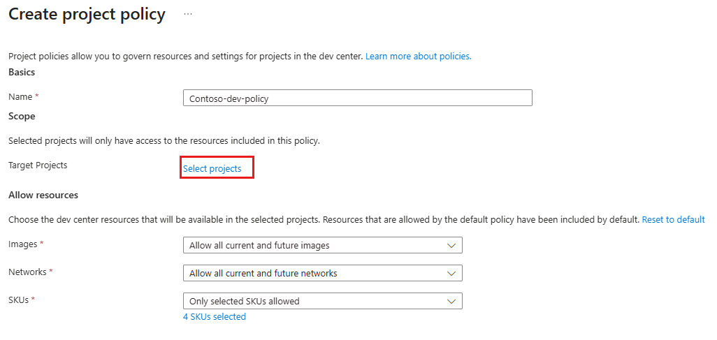 Screenshot showing the Select projects option for a custom project policy in the Azure portal.