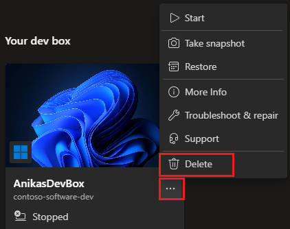 Screenshot of the developer portal showing the actions menu for a dev box and Delete selected.