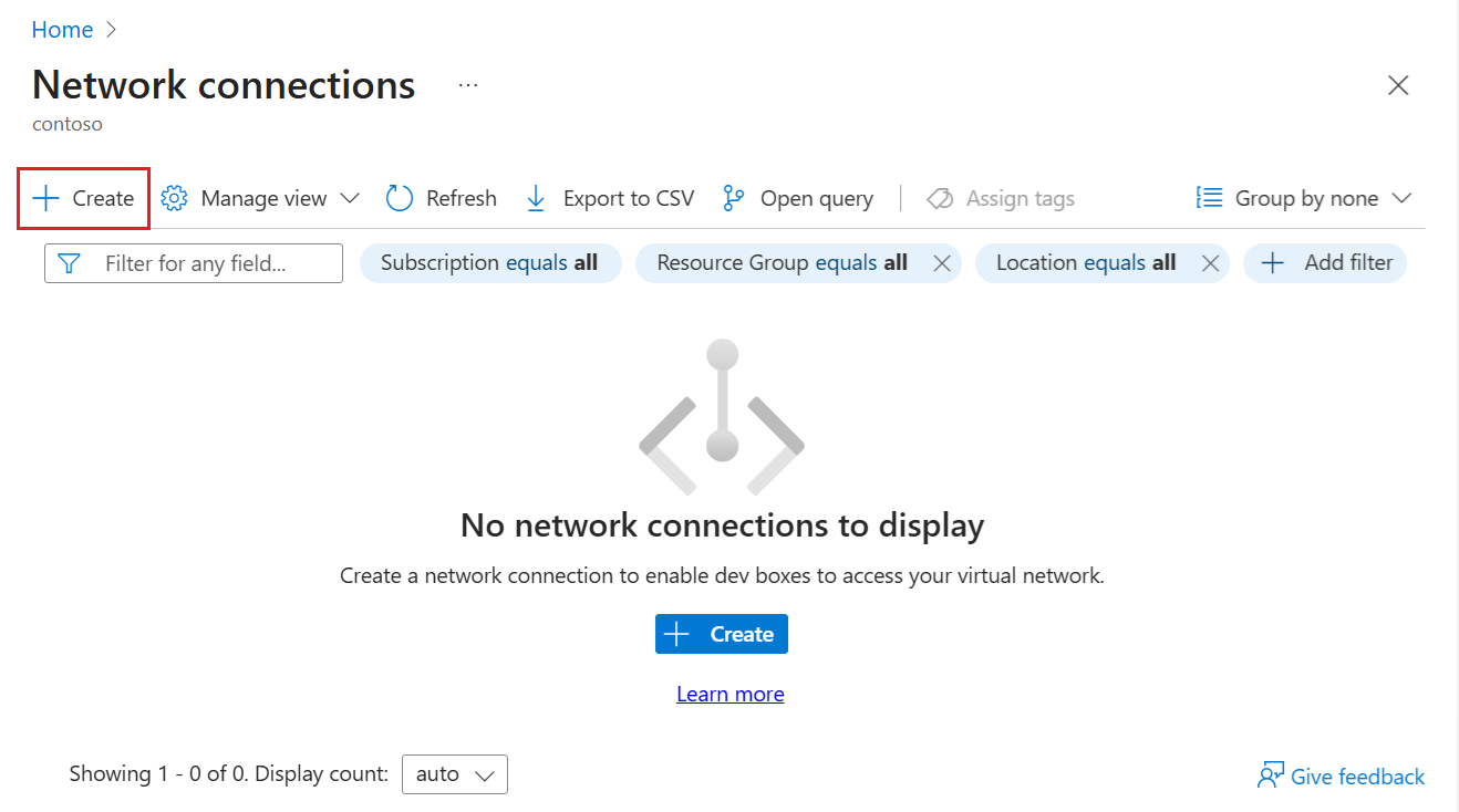 Screenshot that shows how to select Create on the Network connections pane.