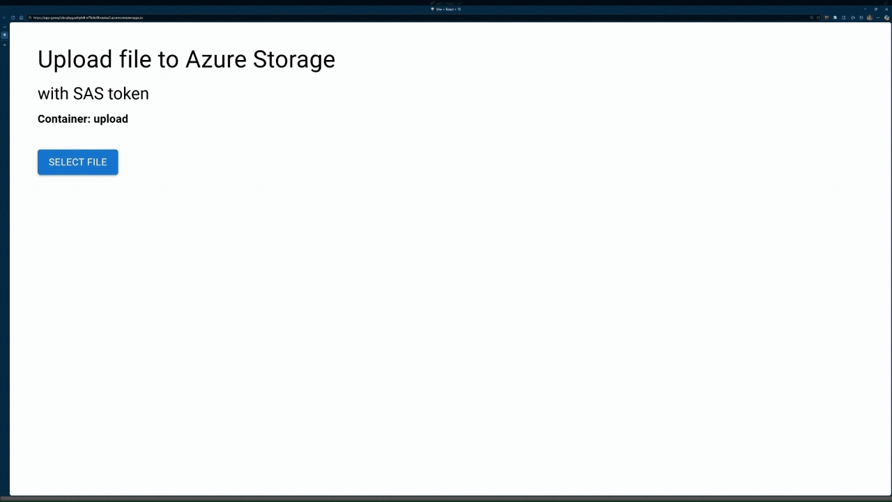 Screenshot of a web app titled 'Upload file to Azure Storage' with a Select File button and container name upload displayed.