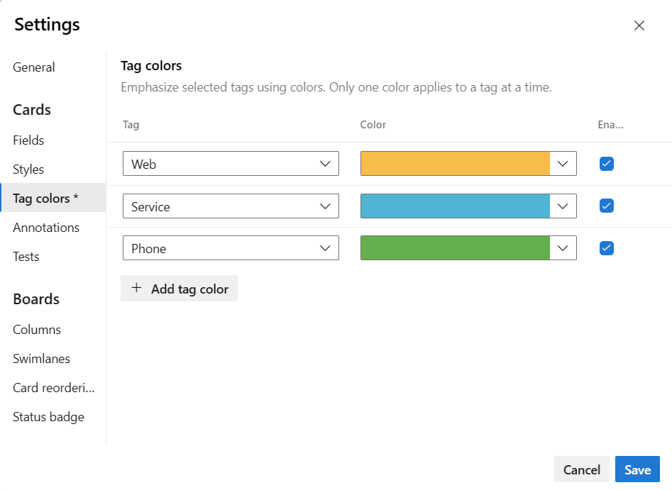 Screenshot showing Settings, Tag colors dialog.