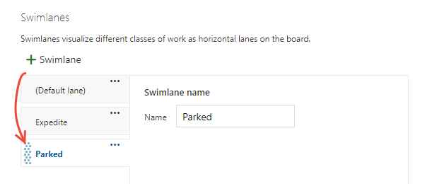 Screenshot showing board settings dialog, Reorder a swimlane.