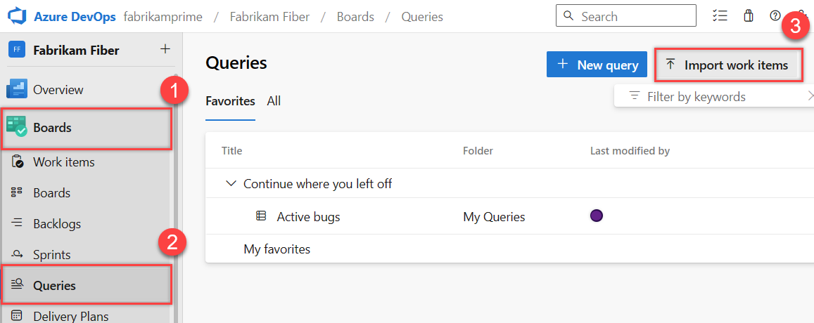 Screenshot showing Boards - Queries, Import Work Items 