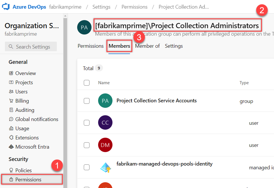 Security, Project Collection Administrators group, Members tab