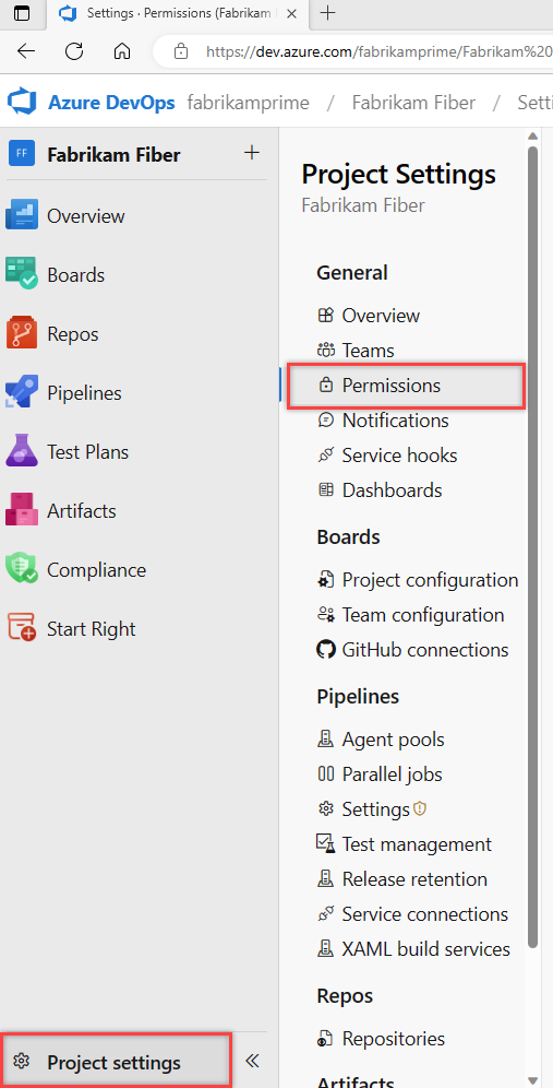 Choose Project settings > Permissions