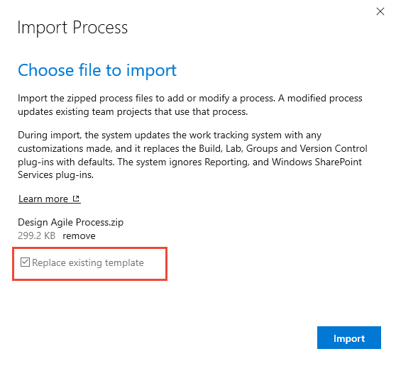 Import Process dialog, replace existing process