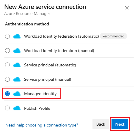 Screenshot that shows going to the managed service identity authentication method selection.