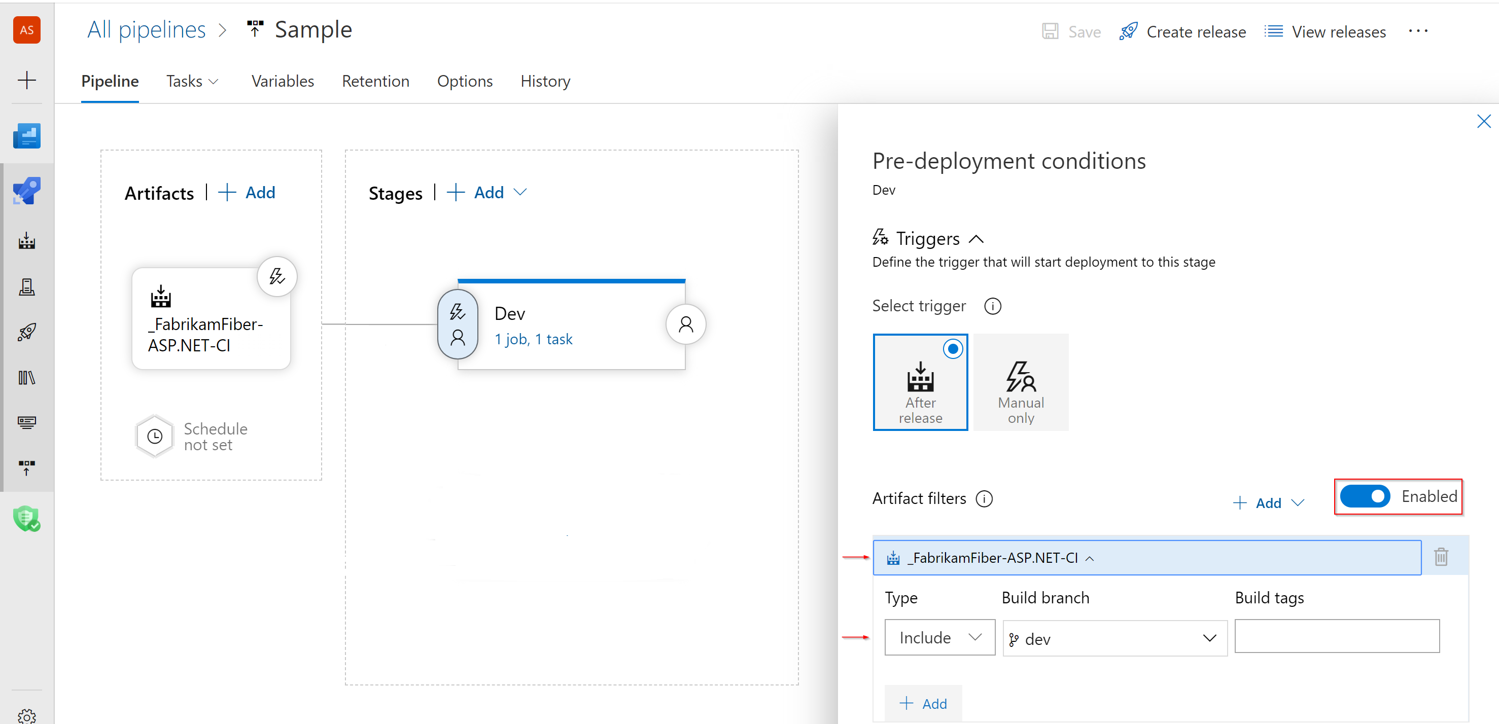 A screenshot displaying how to set up the Artifact filters in Pre-deployment conditions.