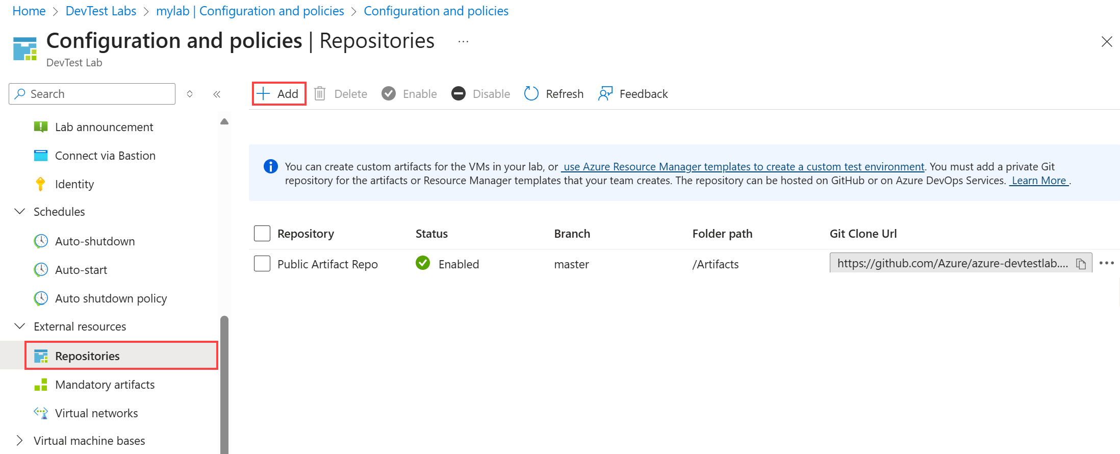Screenshot that shows the Repositories configuration screen.