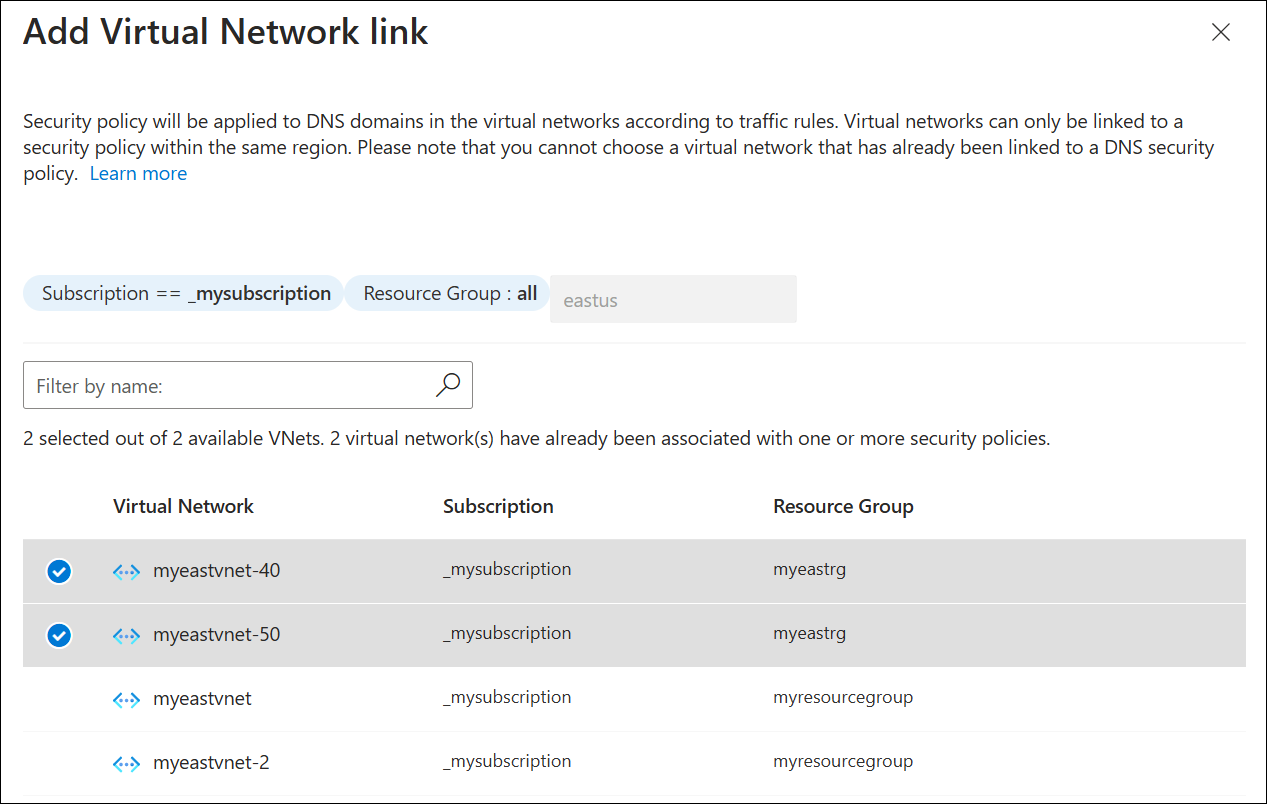 Screenshot of the Virtual Network Links tab for resolver policy.