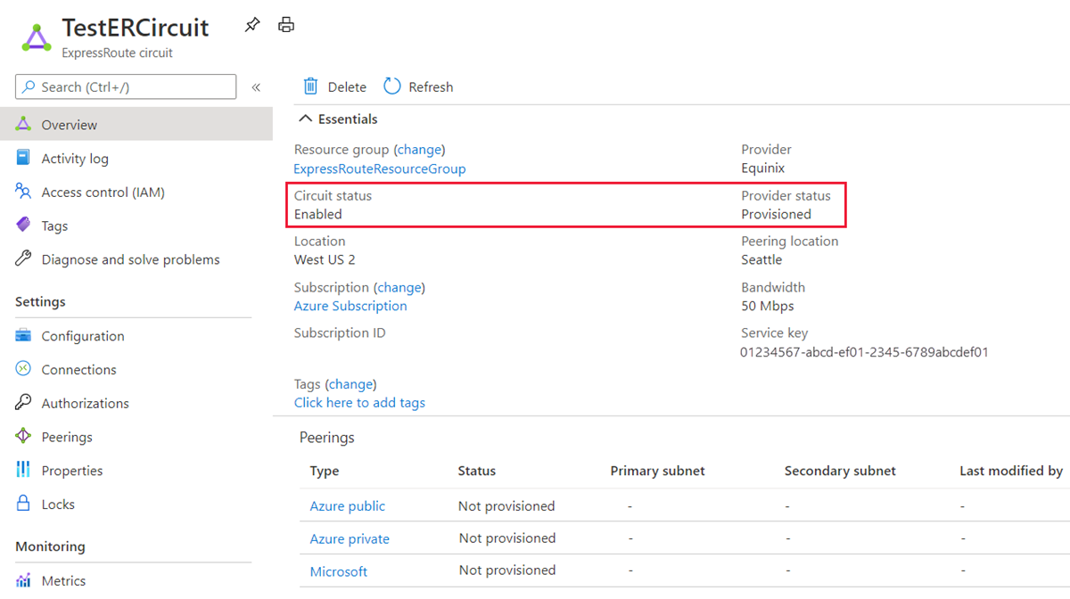 Screenshot of circuit and provider status.