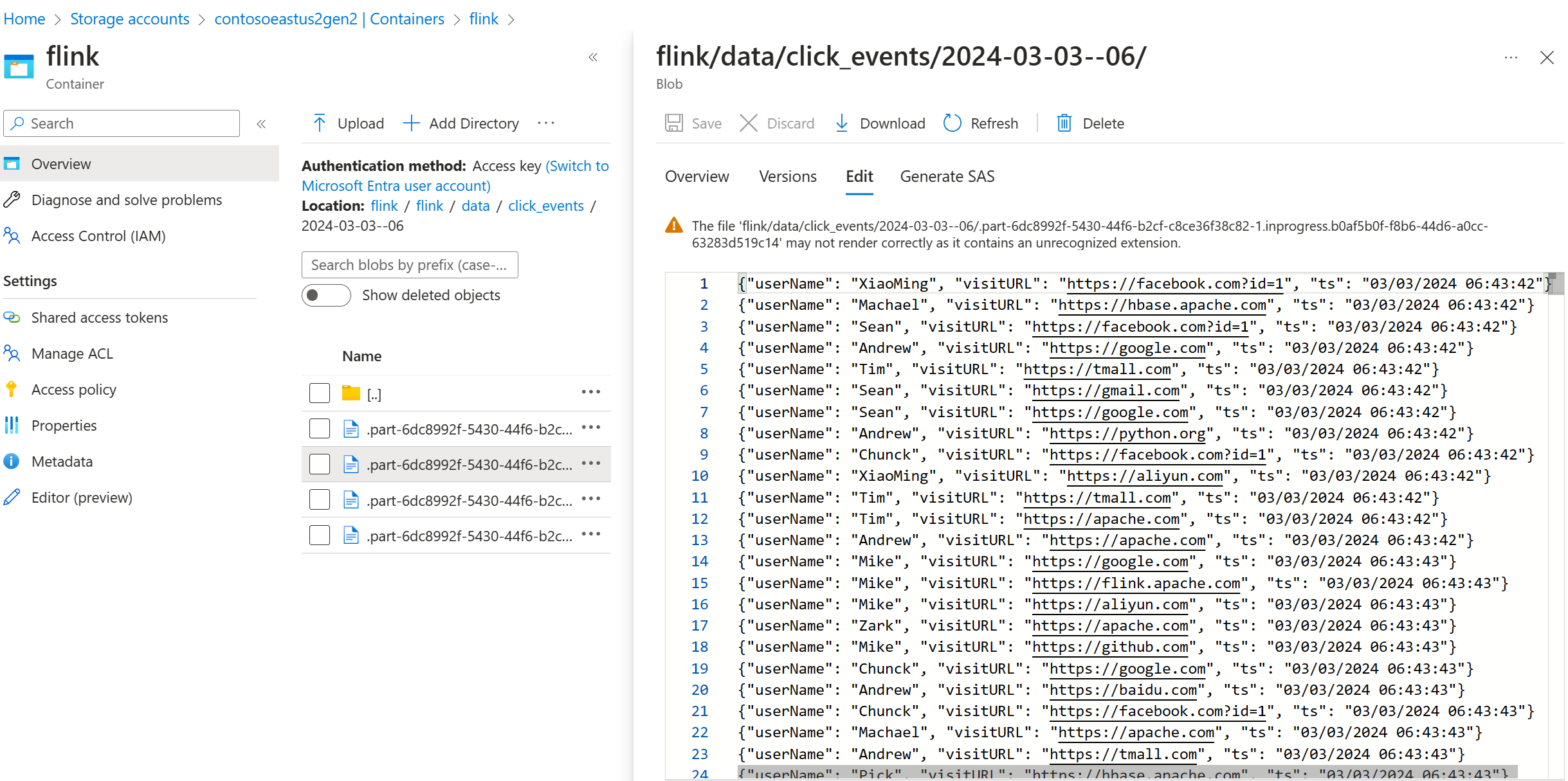 Screenshot showing Flink click event output.