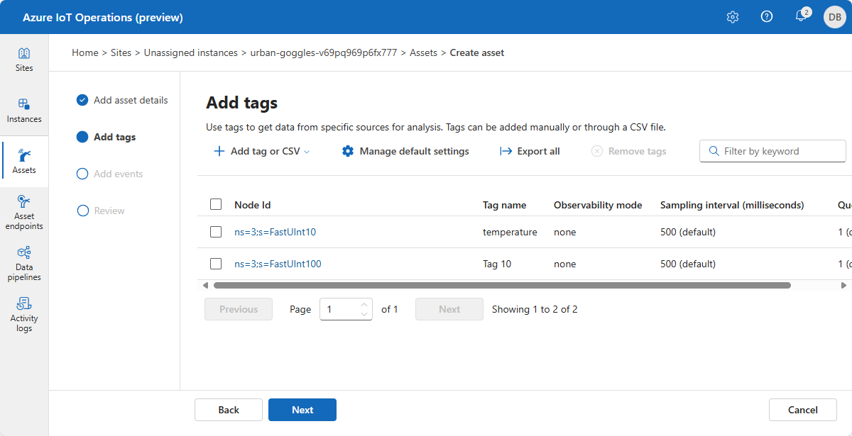 Screenshot of Azure IoT Operations add tag page.