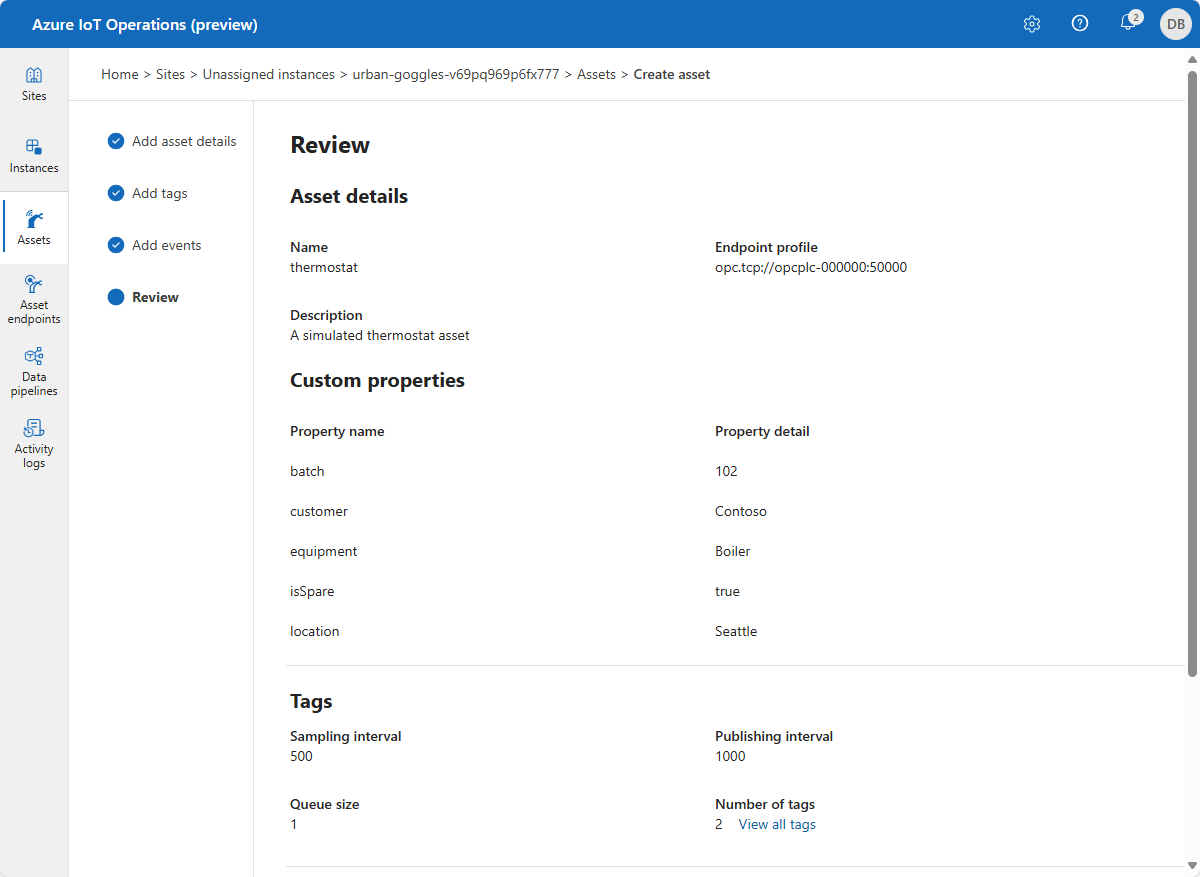 Screenshot of Azure IoT Operations create asset review page.