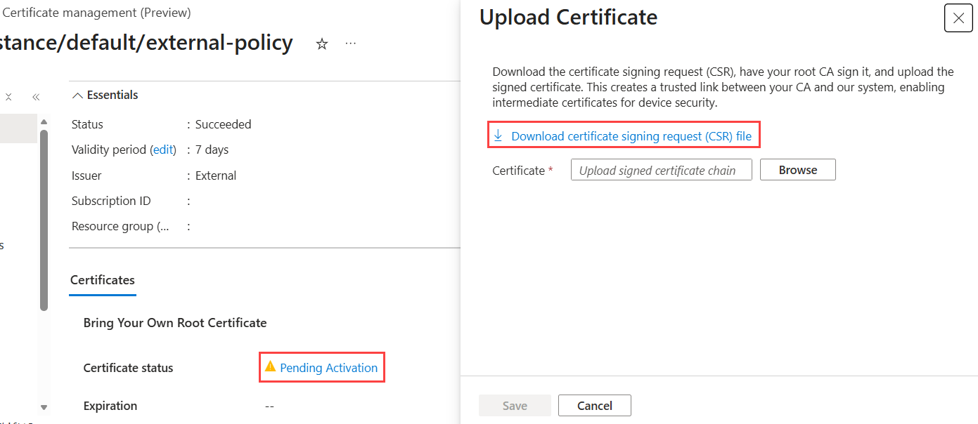 Screenshot showing the link to download the certificate signing request.