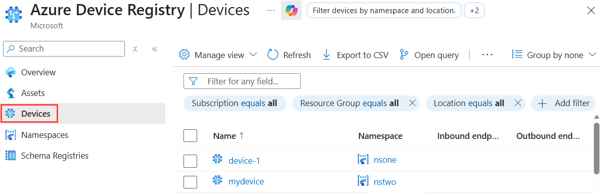 Screenshot showing the list of devices in Azure Device Registry.