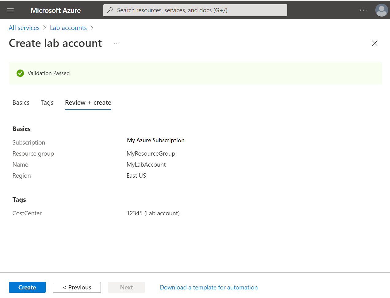 Screenshot that shows the Review and create tab of the Create lab account wizard