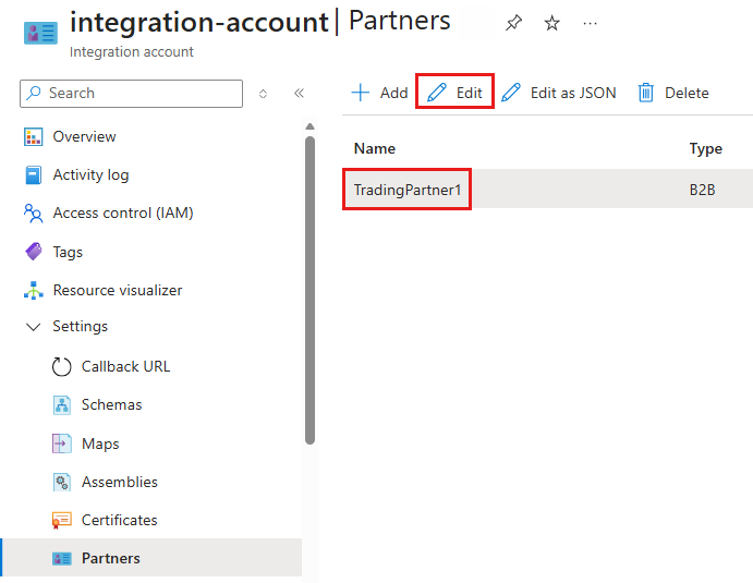 Screenshot shows Azure portal, integration account, and Partners page with TradingPartner1 and Edit button selected.