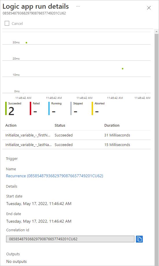 Screenshot showing the run details for each step in the workflow.