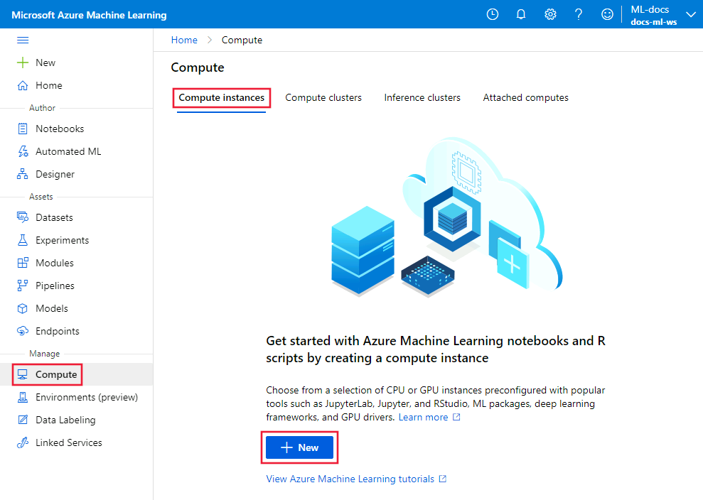 Screenshot of the compute instances page, with the new button selected.