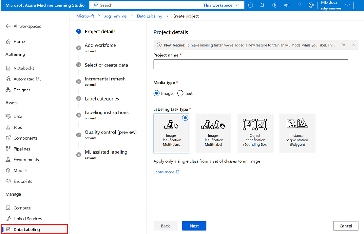 Screenshot that shows creating a labeling project to manage labeling.