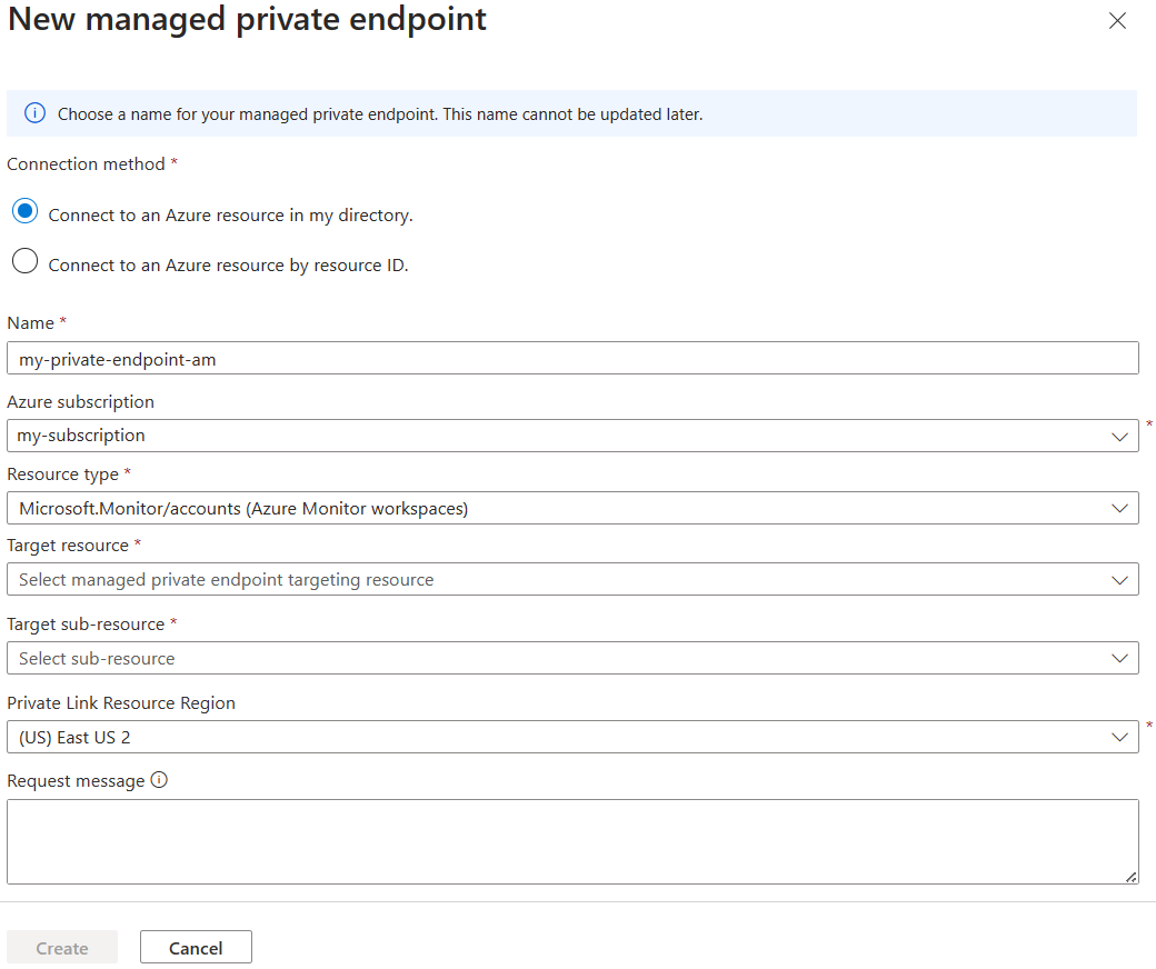 Screenshot of the Azure portal new managed private endpoint details for Azure Monitor workspace.