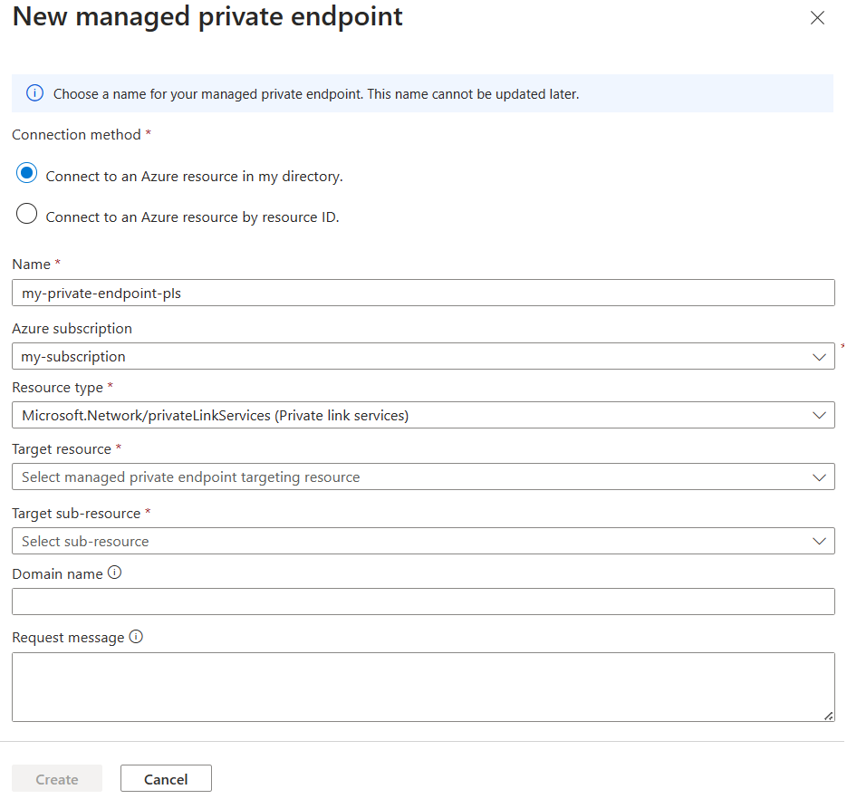 Screenshot of the Azure portal new managed private endpoint details for Private link services.