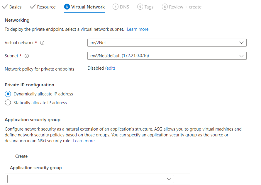 Screenshot of the Azure portal filling out virtual network tab.