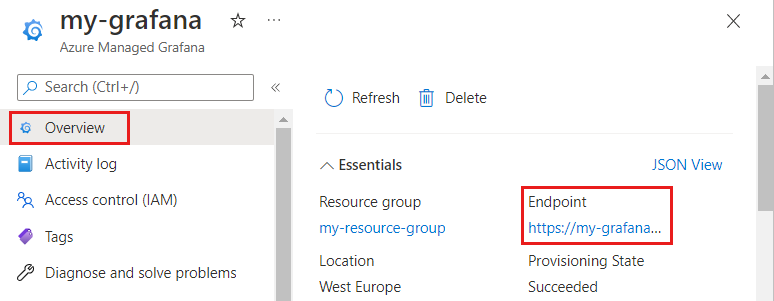 Screenshot of the Azure platform. Endpoint displayed in the Overview page.