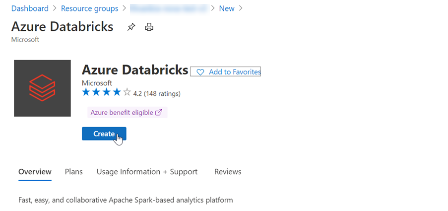 Screenshot shows Azure Databricks offering with the Create button selected.