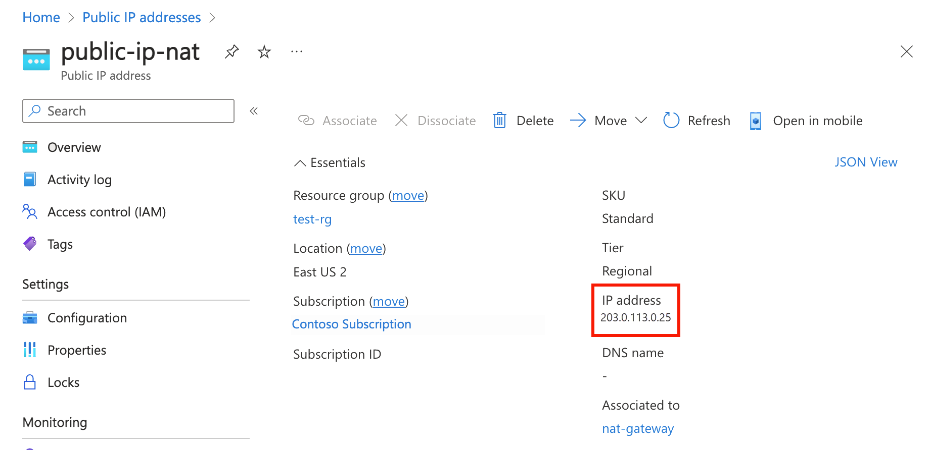 Screenshot of public IP address of NAT gateway.